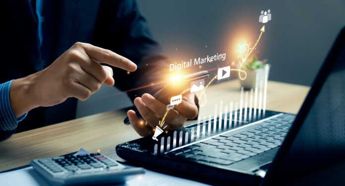 Digital marketing commerce online sale concept, Promotion of products or services through digital channels search engine, social media, email, website, Digital Marketing Strategies and Goals. SEO PPC